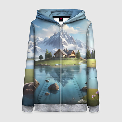 Женская толстовка на молнии Чудесный день на берегу озера в горах / 3D-Меланж – фото 1