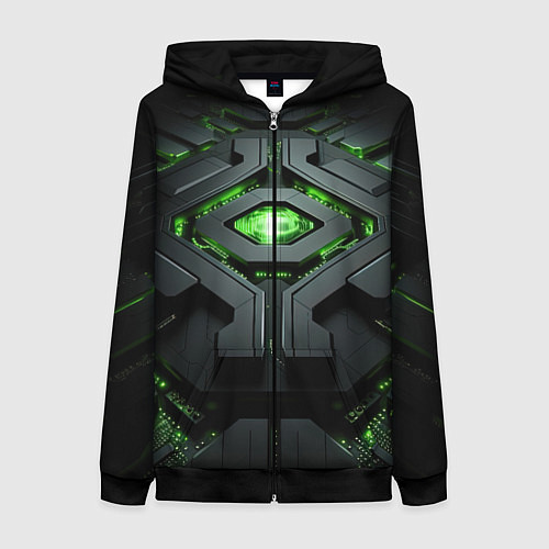 Женская толстовка на молнии Объемная абстрактная яркая зеленая фигура на черно / 3D-Черный – фото 1