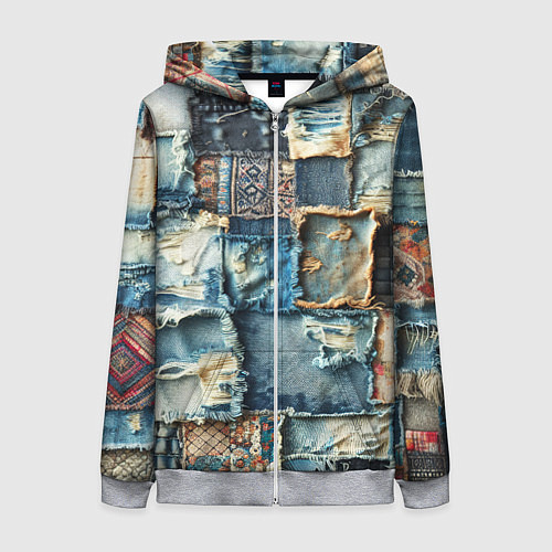Женская толстовка на молнии Деним пэчворк-ржавчина / 3D-Меланж – фото 1