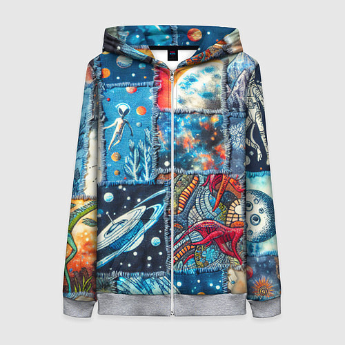 Женская толстовка на молнии Космические обитатели на дениме / 3D-Меланж – фото 1