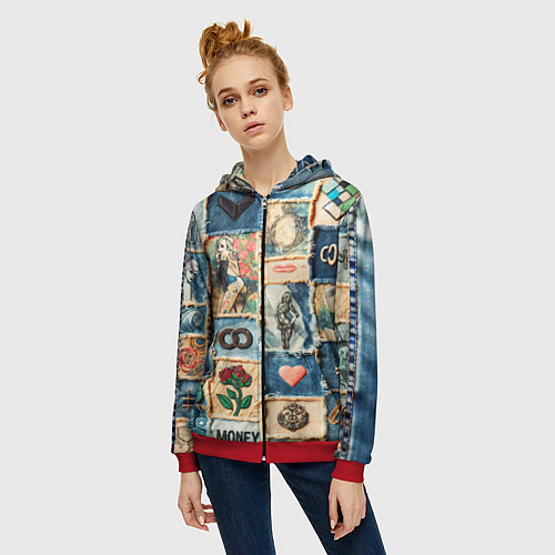 Женская толстовка на молнии Баксы и девушки на дениме - пэчворк / 3D-Красный – фото 3