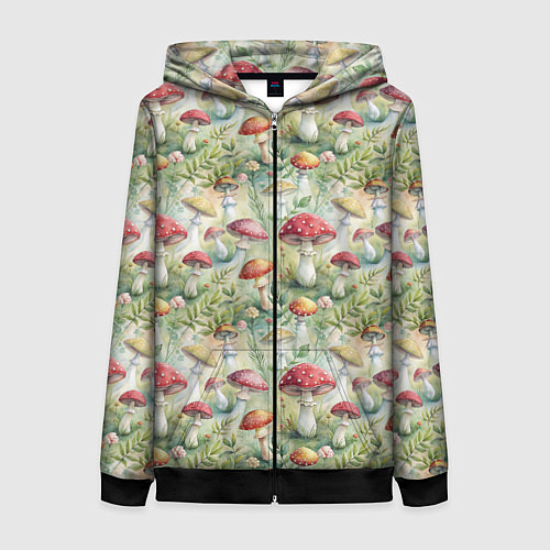 Женская толстовка на молнии Дикие грибы лесные мухоморы / 3D-Черный – фото 1