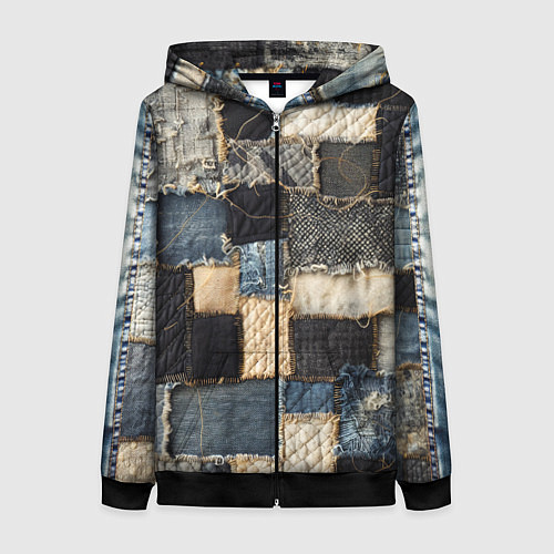 Женская толстовка на молнии Заплатки пэчворк на джинсе / 3D-Черный – фото 1