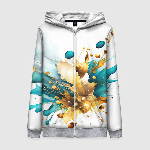 Женская толстовка на молнии Бирюзово голубая абстракция, брызги краски на бело / 3D-Меланж – фото 1