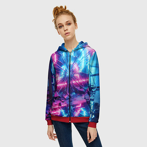 Женская толстовка на молнии Разбитая неоновая вывеска - мегаполис / 3D-Красный – фото 3