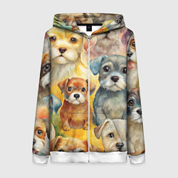 Толстовка на молнии женская Красочный паттерн с щенками, цвет: 3D-белый