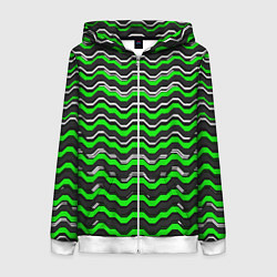 Толстовка на молнии женская Белые и зелёные полосы на чёрном фоне, цвет: 3D-белый