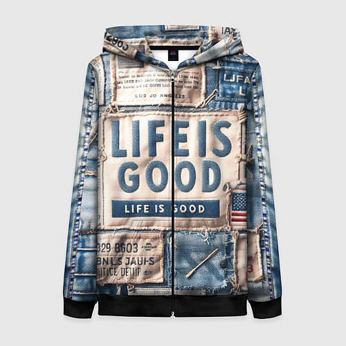 Женская толстовка на молнии Жизнь прекрасна- пэчворк / 3D-Черный – фото 1