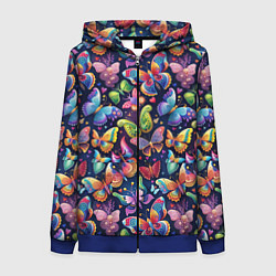 Толстовка на молнии женская Бабочки в паттерне разноцветный яркий фон, цвет: 3D-синий