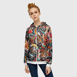 Толстовка на молнии женская Японская татуировка дракона тигра и самурая, цвет: 3D-белый — фото 2