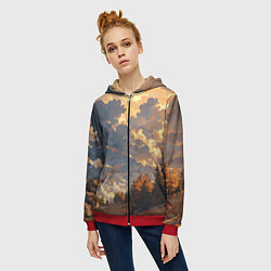 Толстовка на молнии женская Вечерний закат - аниме, цвет: 3D-красный — фото 2