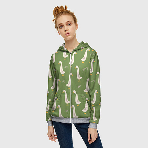 Женская толстовка на молнии Утки на зеленой травке - паттерн / 3D-Меланж – фото 3