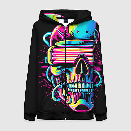 Женская толстовка на молнии Cyber skull - ai art neon / 3D-Черный – фото 1