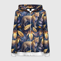 Толстовка на молнии женская Леопард с золотыми листьями паттерны, цвет: 3D-белый