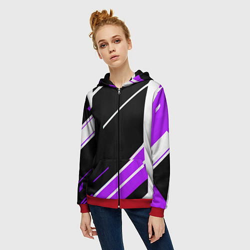 Женская толстовка на молнии Бело-фиолетовые полосы на чёрном фоне / 3D-Красный – фото 3
