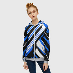 Толстовка на молнии женская Чёрно-синие полосы на белом фоне, цвет: 3D-меланж — фото 2