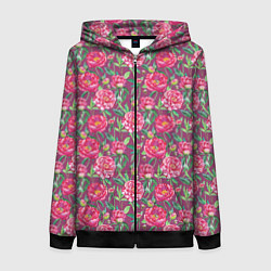 Толстовка на молнии женская Пионы и шмели, цвет: 3D-черный