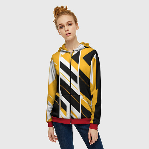 Женская толстовка на молнии Black and yellow stripes on a white background / 3D-Красный – фото 3