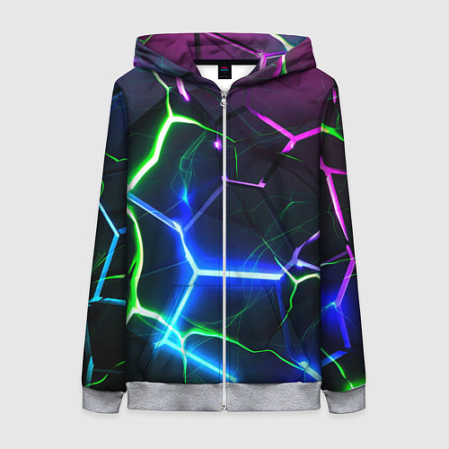 Женская толстовка на молнии Микс из разломленных плит и неоновое свечения / 3D-Меланж – фото 1
