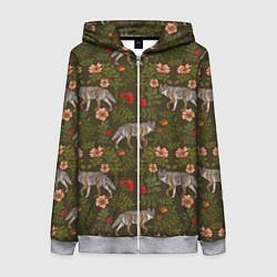 Толстовка на молнии женская Волки и шиповник, цвет: 3D-меланж