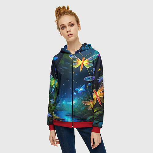 Женская толстовка на молнии Сказочный лес - бабочки / 3D-Красный – фото 3