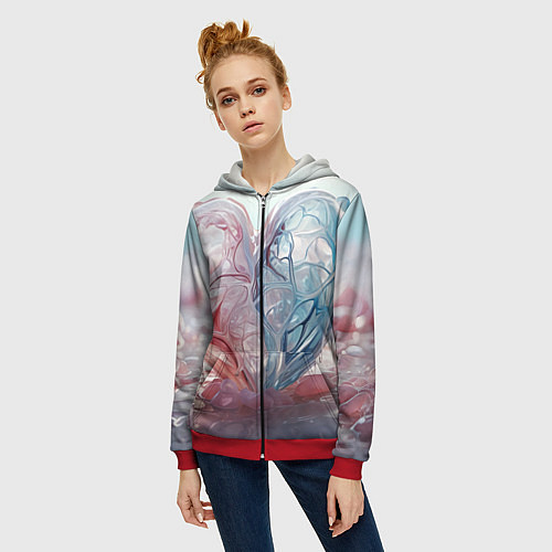 Женская толстовка на молнии Сердце - плазменная текстура / 3D-Красный – фото 3
