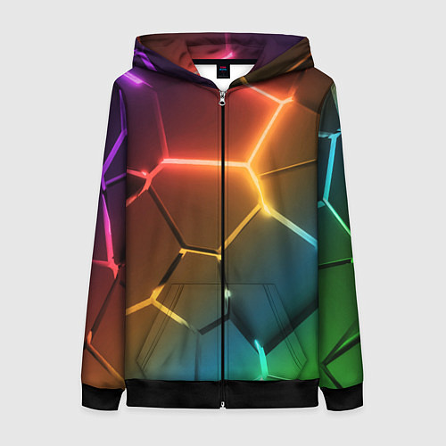 Женская толстовка на молнии Радужные неоновые плиты в разломе / 3D-Черный – фото 1