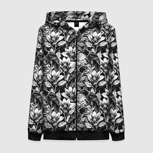 Женская толстовка на молнии Вороны в цветах / 3D-Черный – фото 1