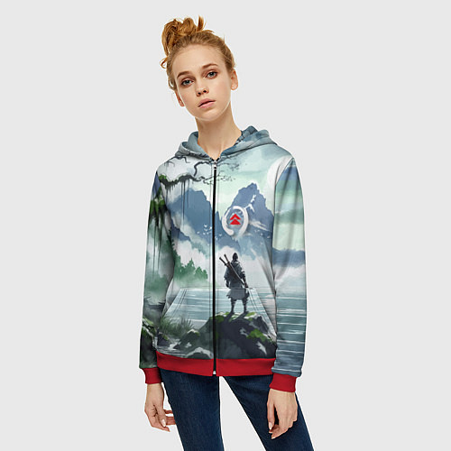Женская толстовка на молнии Самурай на берегу горного озера - нейросеть / 3D-Красный – фото 3