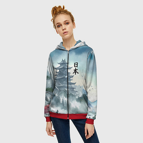 Женская толстовка на молнии Японская пагода в тумане - нейросеть / 3D-Красный – фото 3