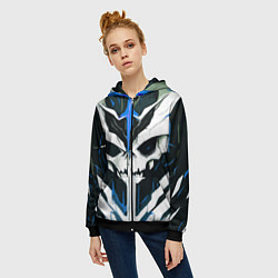 Толстовка на молнии женская Абстрактный белый череп и синие полосы, цвет: 3D-черный — фото 2