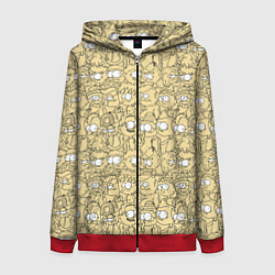 Толстовка на молнии женская Дудл человечки носатые - паттерн, цвет: 3D-красный