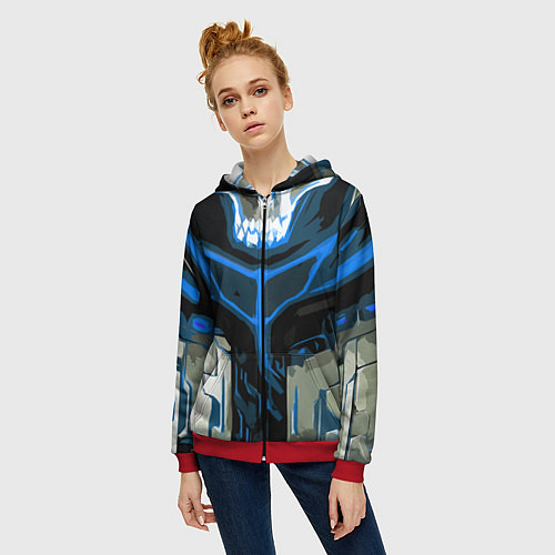 Женская толстовка на молнии Blue stripes on a black and white background / 3D-Красный – фото 3