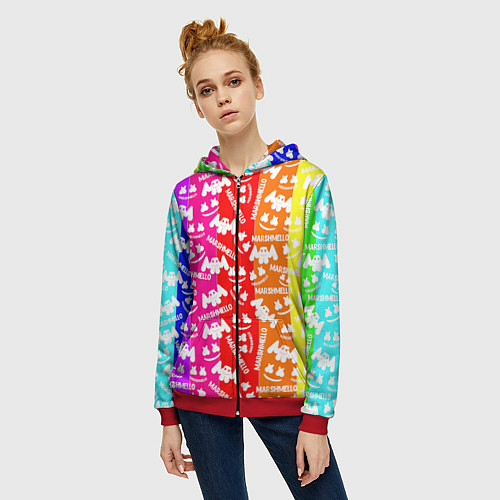 Женская толстовка на молнии Marshmello rainbow / 3D-Красный – фото 3