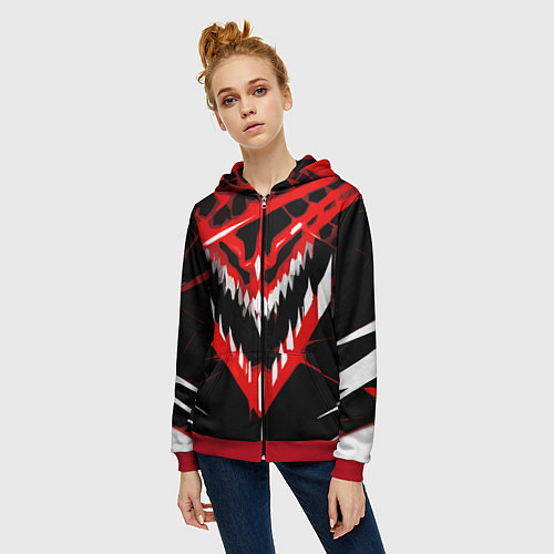 Женская толстовка на молнии Красно-белая пасть на чёрном фоне / 3D-Красный – фото 3