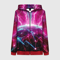 Толстовка на молнии женская Неоновые молнии ударяют в планету - нейроарт, цвет: 3D-красный