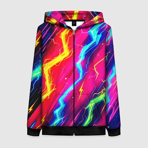 Женская толстовка на молнии Абстракция из неоновых молний - нейроарт / 3D-Черный – фото 1