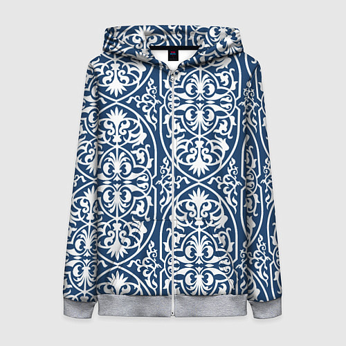 Женская толстовка на молнии Геометрический узор арабеска бело-синий / 3D-Меланж – фото 1