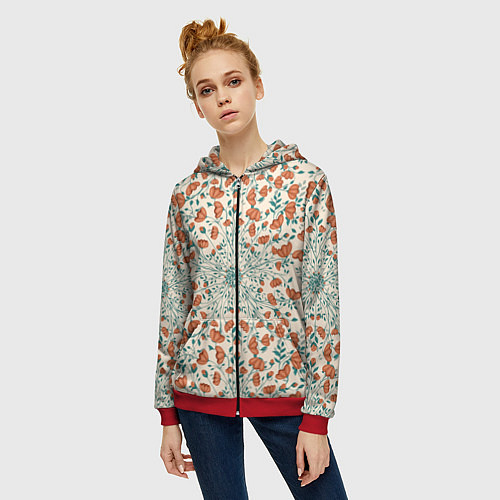 Женская толстовка на молнии Цветочный узор калейдоскоп / 3D-Красный – фото 3