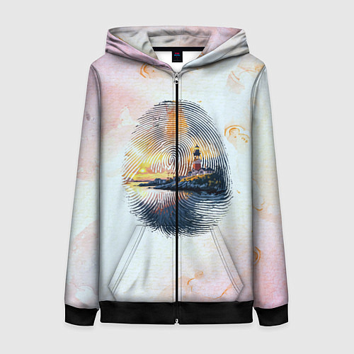 Женская толстовка на молнии Маяк у моря на закате в отпечатке пальца / 3D-Черный – фото 1