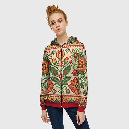 Женская толстовка на молнии Славянский узор и орнамент / 3D-Красный – фото 3