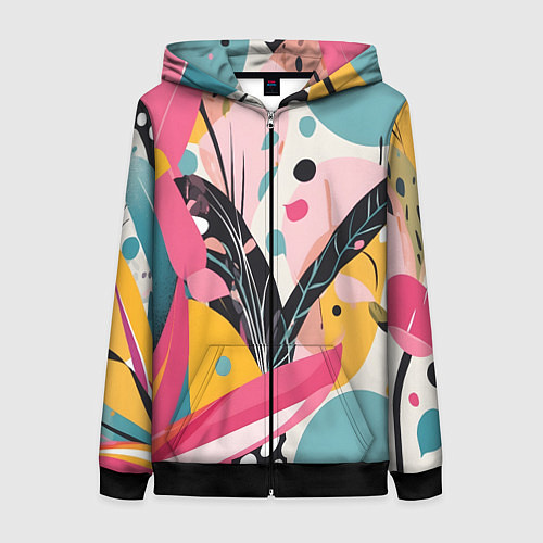 Женская толстовка на молнии Листья цветы абстракция / 3D-Черный – фото 1