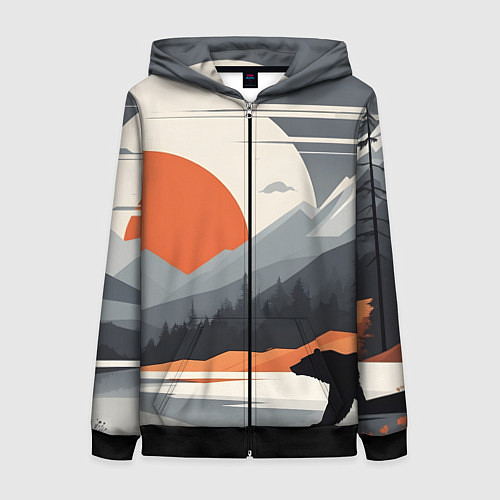 Женская толстовка на молнии Горы медведь геометрия / 3D-Черный – фото 1