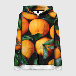 Толстовка на молнии женская Гора мандаринов апельсинов и листьев на Новый год, цвет: 3D-белый