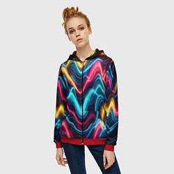 Толстовка на молнии женская Хаотичные неоновые полосы - абстракция, цвет: 3D-красный — фото 2
