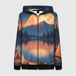 Толстовка на молнии женская Костер на берегу озера, цвет: 3D-черный