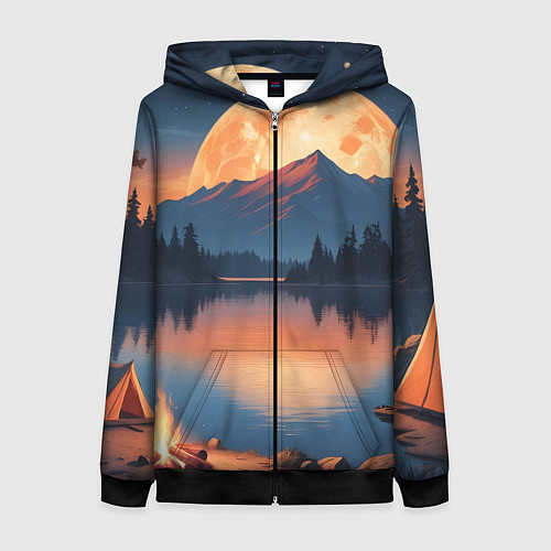 Женская толстовка на молнии Костер на берегу озера / 3D-Черный – фото 1
