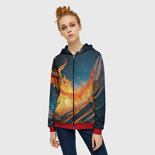 Женская толстовка на молнии Огонь и вода стихия / 3D-Красный – фото 3