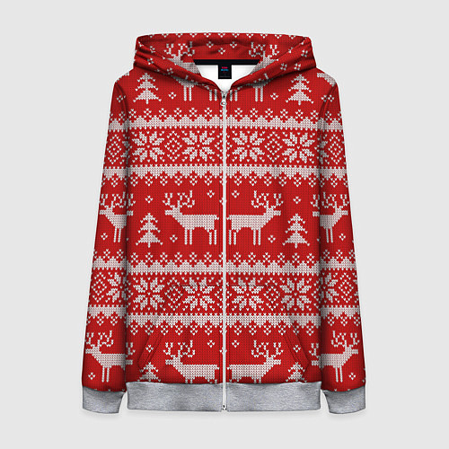 Женская толстовка на молнии Вязаный зимний узор с оленями / 3D-Меланж – фото 1