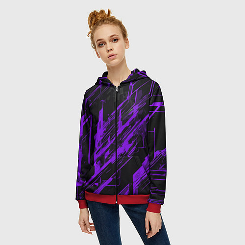 Женская толстовка на молнии Purple stripes on a black background / 3D-Красный – фото 3
